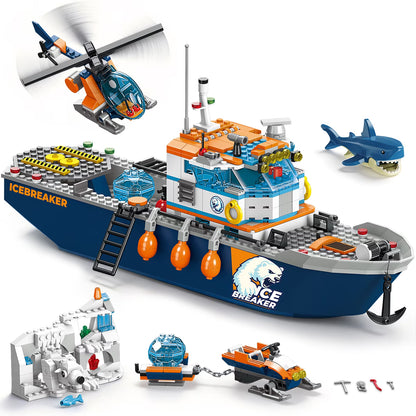 482-teiliges Arktisches Eisbrecher-Schiff-Bausteine-Set mit Hubschrauber, Boot und Eisbär – Ozean-Abenteuer-MINT-Konstruktionsspielzeug für Jungen von 6 bis 12 Jahren