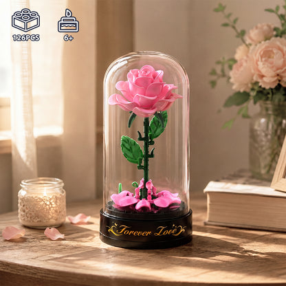 Rosenblumen-Bausatz mit Spieldose und Vitrine – 126-teiliges Botanical-Collection-Baukasten-Set, romantische rosa Rosen-Deko, Bastelgeschenk für Frauen und Mädchen ab 6 Jahren