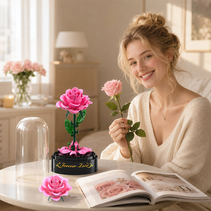 Rosenblumen-Bausatz mit Spieldose und Vitrine – 126-teiliges Botanical-Collection-Baukasten-Set, romantische rosa Rosen-Deko, Bastelgeschenk für Frauen und Mädchen ab 6 Jahren