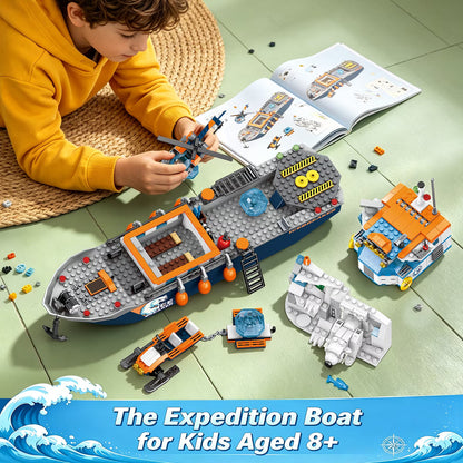 482-teiliges Arktisches Eisbrecher-Schiff-Bausteine-Set mit Hubschrauber, Boot und Eisbär – Ozean-Abenteuer-MINT-Konstruktionsspielzeug für Jungen von 6 bis 12 Jahren