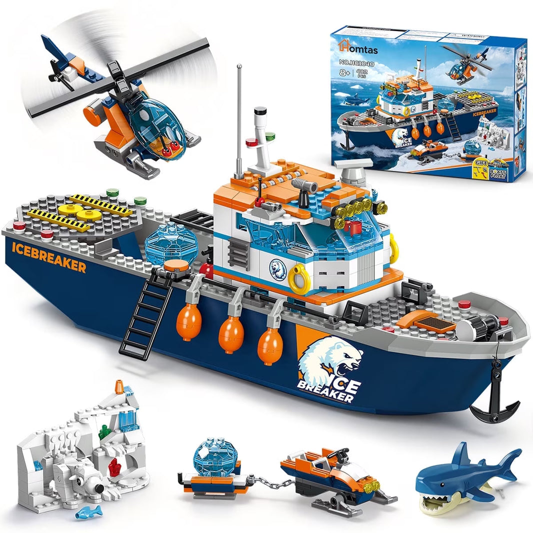 482-teiliges Arktisches Eisbrecher-Schiff-Bausteine-Set mit Hubschrauber, Boot und Eisbär – Ozean-Abenteuer-MINT-Konstruktionsspielzeug für Jungen von 6 bis 12 Jahren