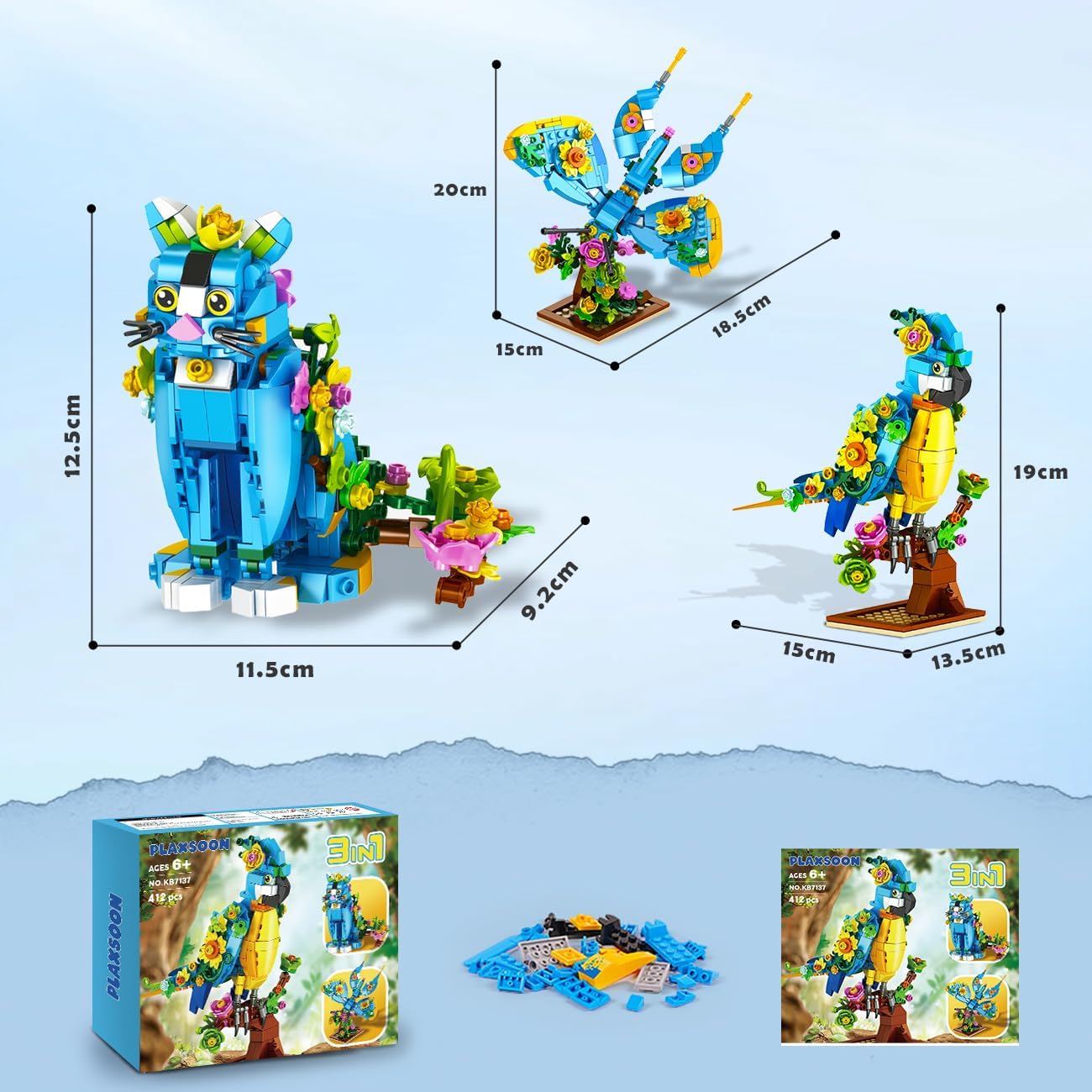 3-in-1 Blumen Papagei Schmetterling Tierfigur Baustein