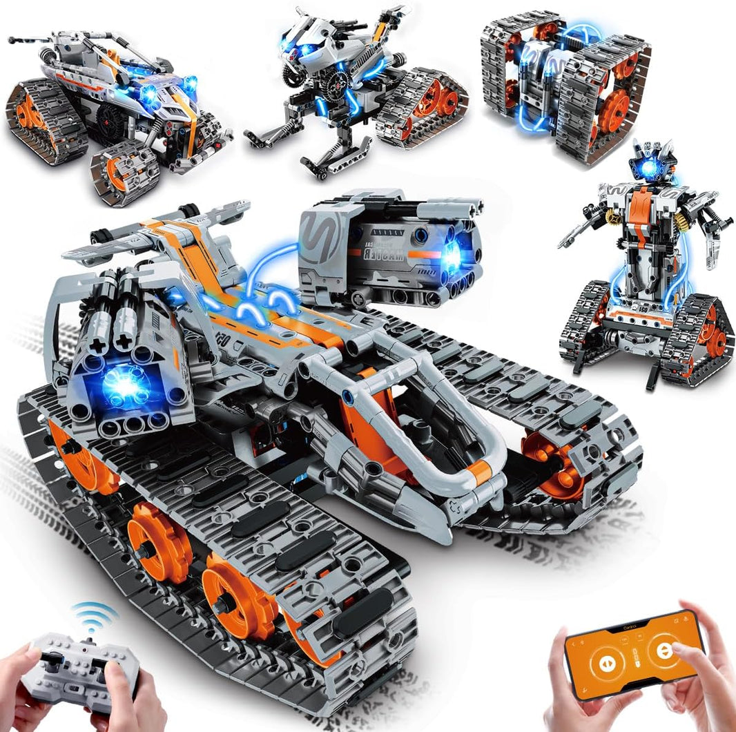 5-in-1 Bauspielzeug – Wiederaufladbarer Panzer-Roboter & Schlitten-Kettenfahrzeug