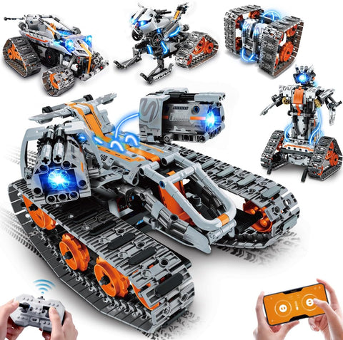 5-in-1 Bauspielzeug – Wiederaufladbarer Panzer-Roboter & Schlitten-Kettenfahrzeug