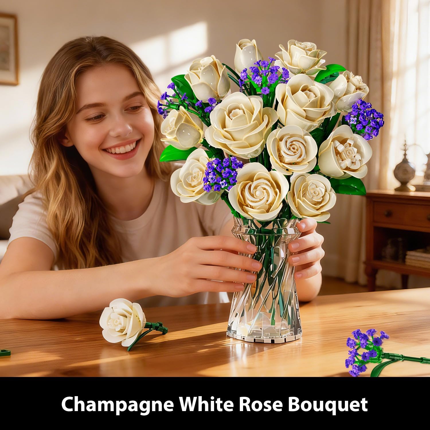 Weiße Rosenblumenstrauß-Bau-Set mit Beleuchtung