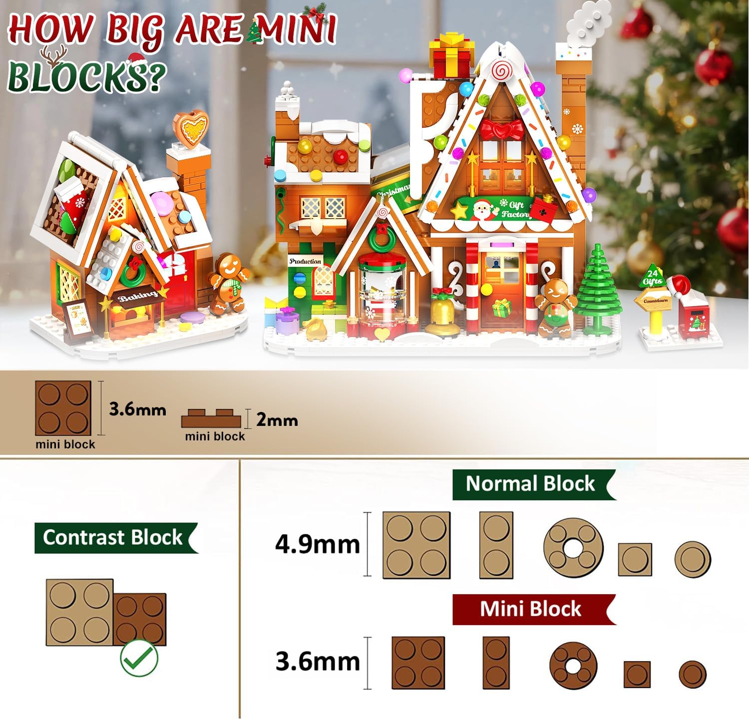 Adventskalender 2026 Lebkuchenhaus Mini-Klemmbaustein-Set mit Licht, 24 Tage Weihnachten Countdown Geschenkefabrik Bausteine Set mit Weihnachtsbaum