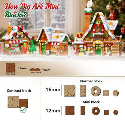 Lebkuchenhaus Weihnachtsdorf Mini-Klemmbaustein-Set mit Lichtern, Weihnachts-Bausteinset mit Baum Zug Weihnachtsmann(1962 Teile)
