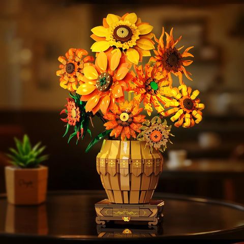 Sonnenblumen-Bausatz mit Beleuchtung und Vasen-Sockel