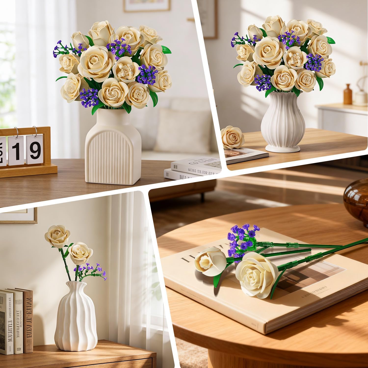 Weiße Rosenblumenstrauß-Bau-Set mit Beleuchtung