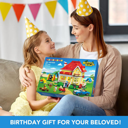 Friends Haus Bauspielzeug mit LED Licht - 1212 Teile City Villa Bausteine Spielzeug mit 4 Tieren & Auto Rutsche Schaukel, Geburtstag Geschenk für Mädchen Jungen Kinder ab 6 7 8 9 10 11+ Jahre