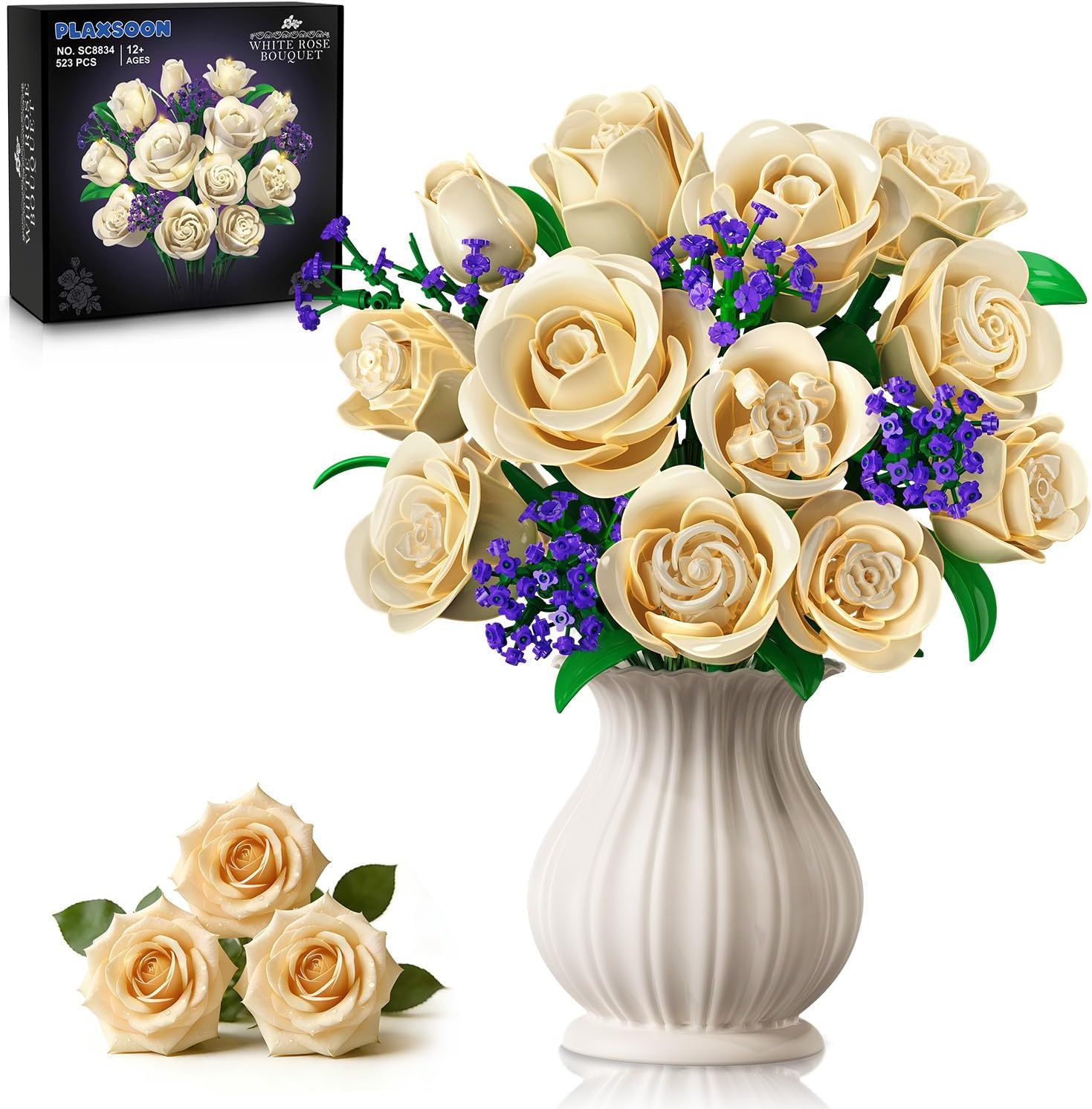 Weiße Rosenblumenstrauß-Bau-Set mit Beleuchtung