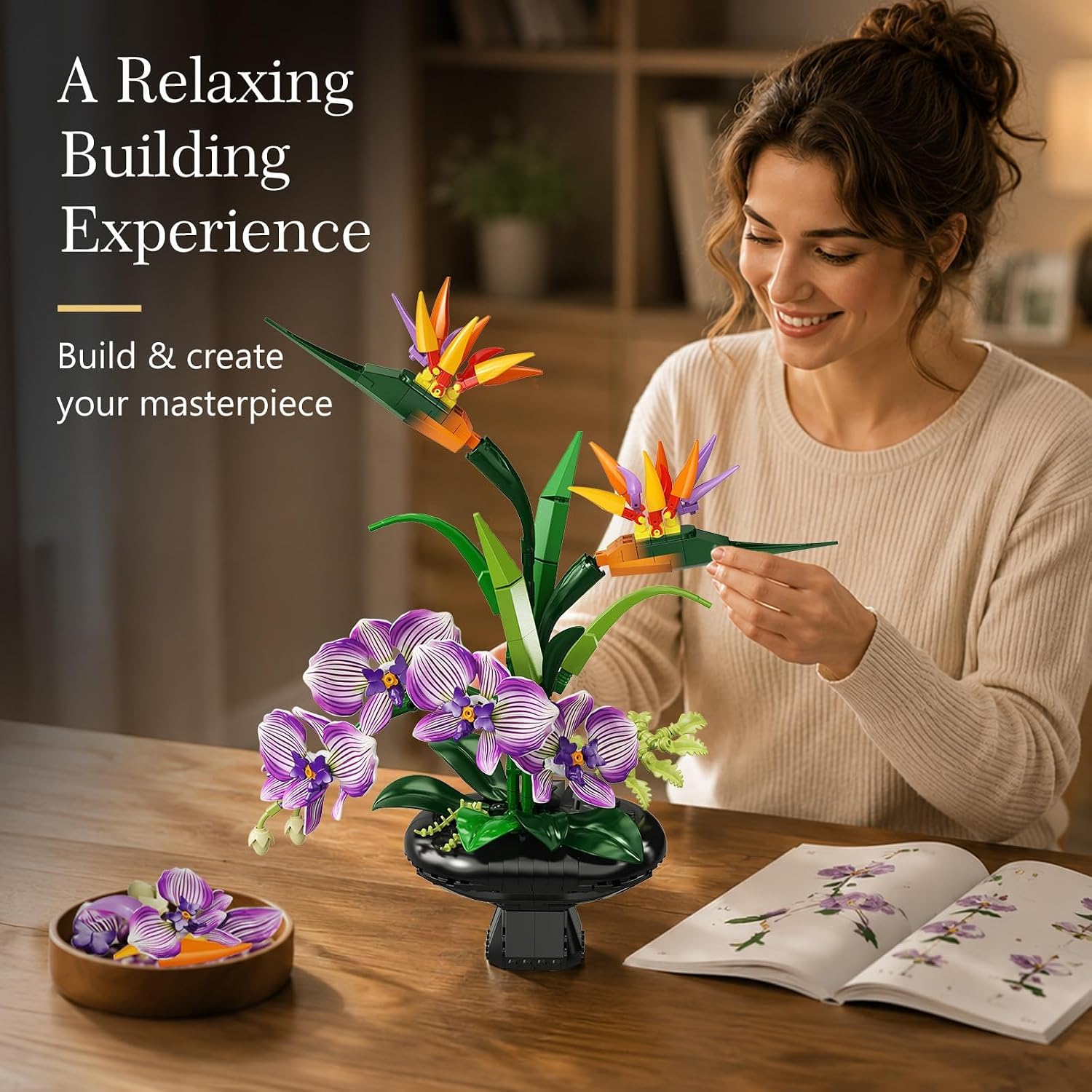 Orchidee Blumen Bauset, Botanische Kollektion mit Strelitzie & Orchidee im Blumentopf