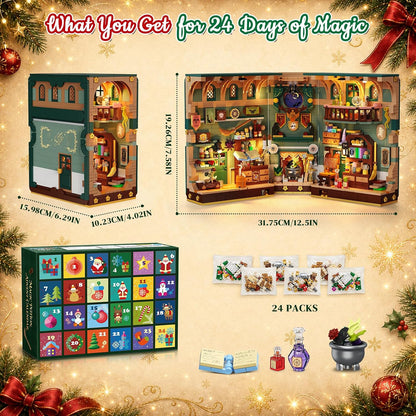 Adventskalender 2026 Weihnachtshaus Magic Book Nook Bauset mit Licht, 24 Tage Weihnachts-Countdown Bookend Klemmbausteine für Deko