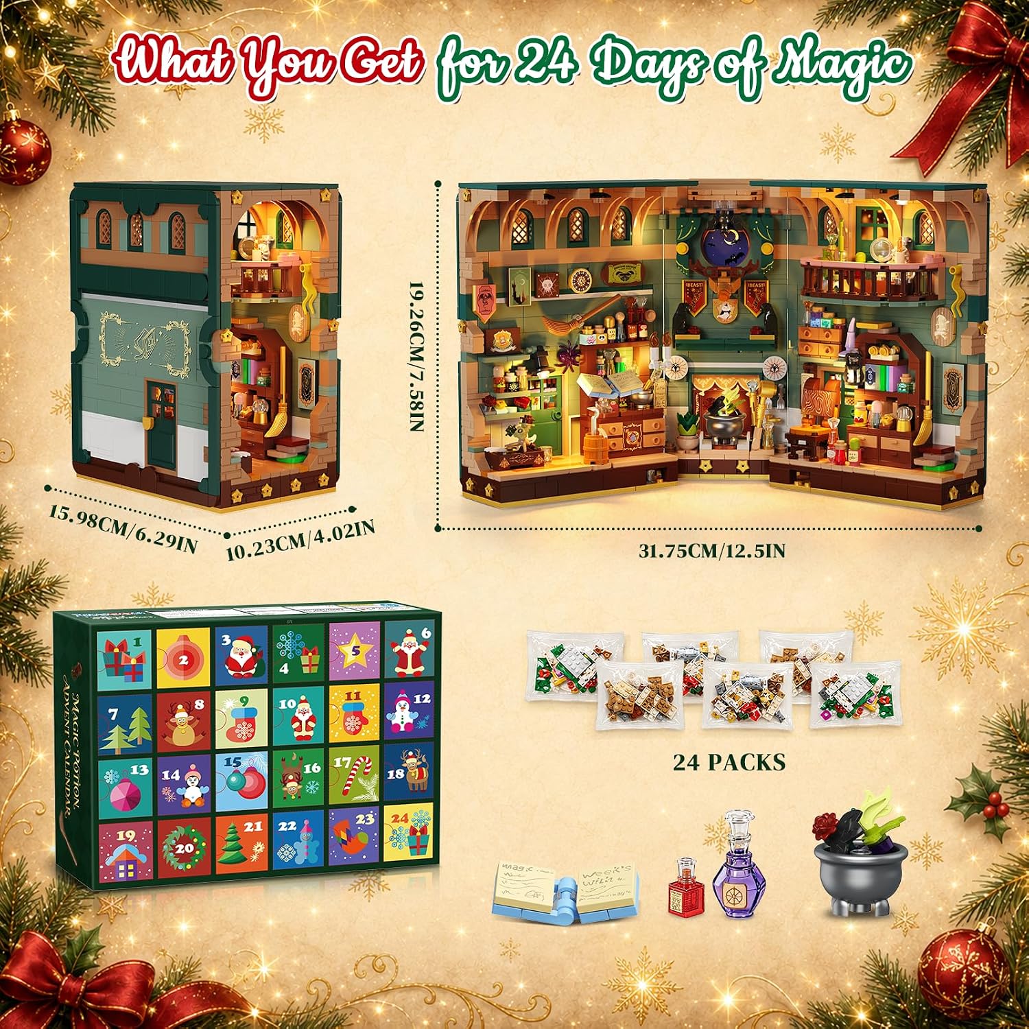 Adventskalender 2026 Weihnachtshaus Magic Book Nook Bauset mit Licht, 24 Tage Weihnachts-Countdown Bookend Klemmbausteine für Deko