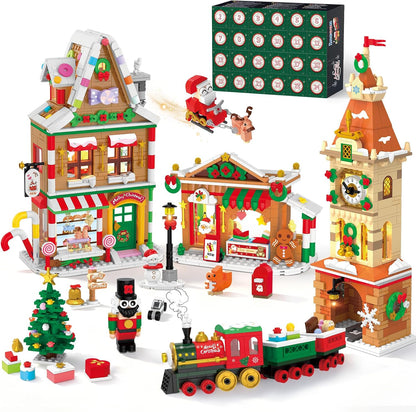 2026 Adventskalender Weihnachtsstadt Mini Bauspielzeug mit Licht, 24 Tage Weihnachts-Countdown mit Weihnachtsmann Schlitten Weihnachtsbaum