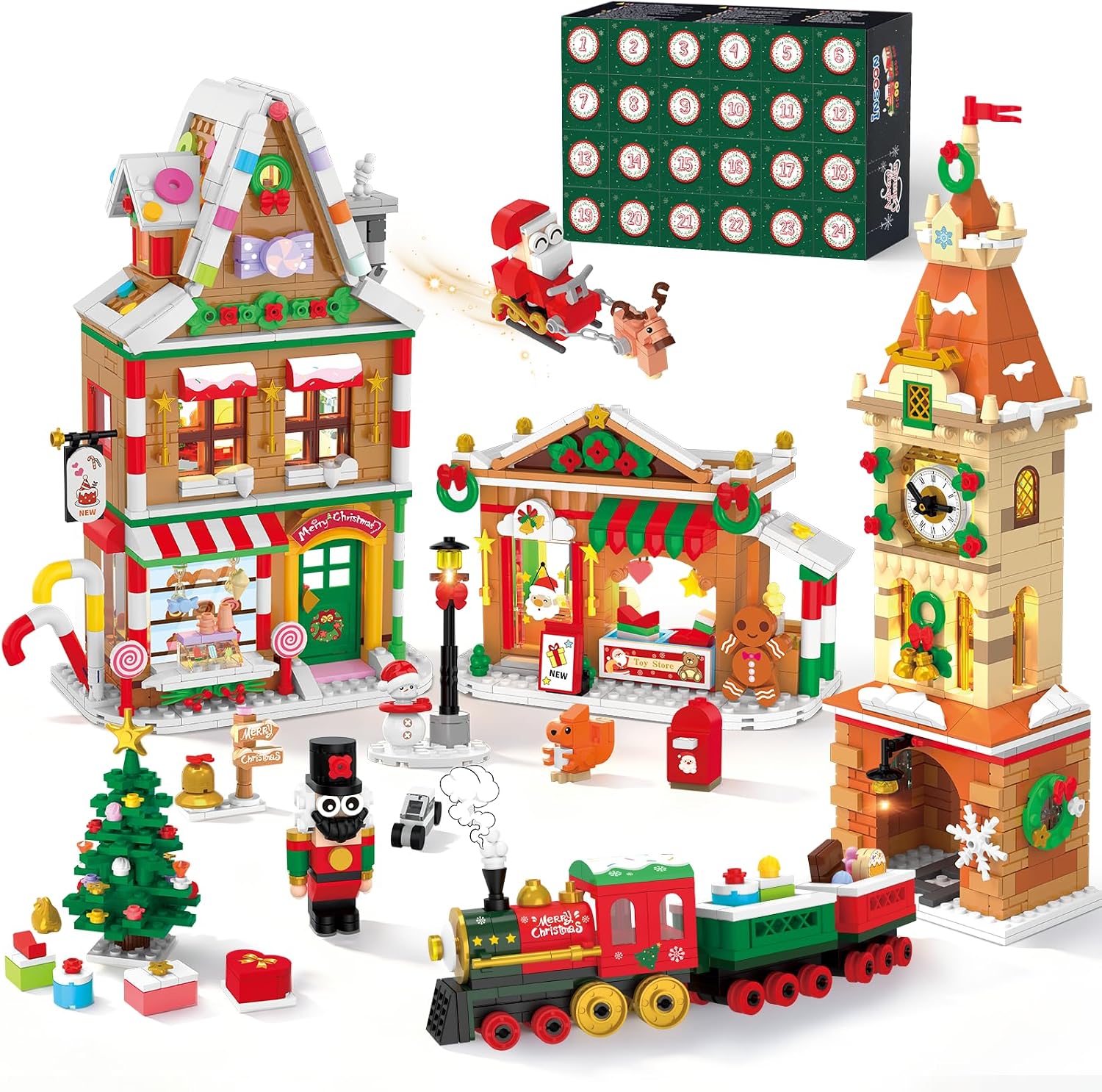 2026 Adventskalender Weihnachtsstadt Mini Bauspielzeug mit Licht, 24 Tage Weihnachts-Countdown mit Weihnachtsmann Schlitten Weihnachtsbaum