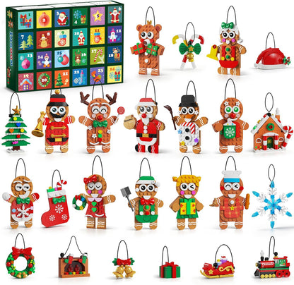 Adventskalender 2026 Lebkuchen-Weihnachtsanhänger Bauset,24-Tage-Countdown Mini-Klemmbaustein-Set mit Santa, Weihnachtsbaum Hängende Deko