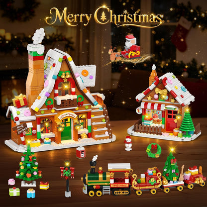 Lebkuchenhaus Weihnachtsdorf Mini-Klemmbaustein-Set mit Lichtern, Weihnachts-Bausteinset mit Baum Zug Weihnachtsmann(1962 Teile)