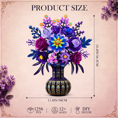 Pfauenblumenstrauß Klemmbaustein-Set, Lila Blumen Bauset mit Vase, Elegante Botanische Dekoration für Zuhause (1223 Teile)