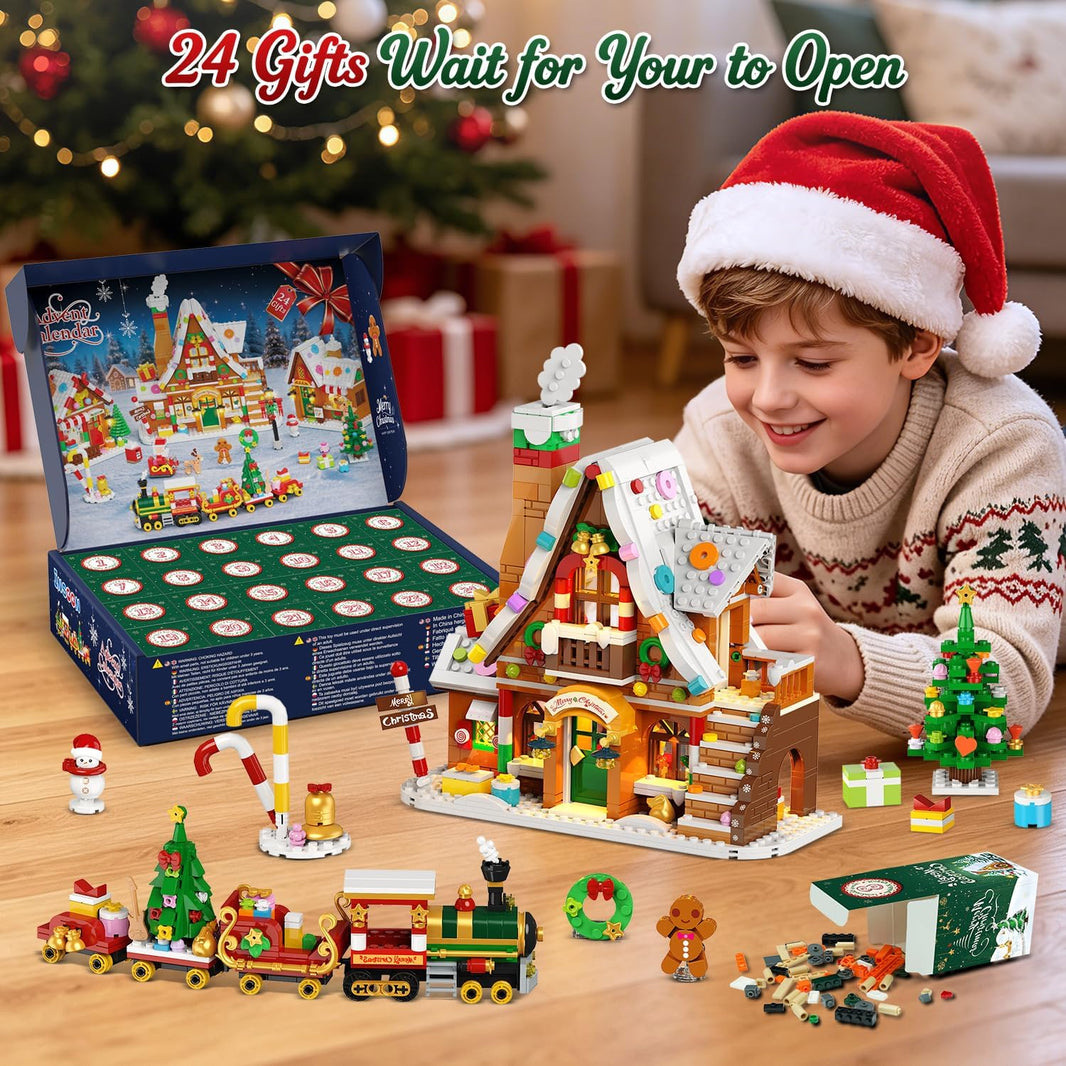 Adventskalender 2026 Lebkuchenhaus Mini-Klemmbaustein-Set mit Licht