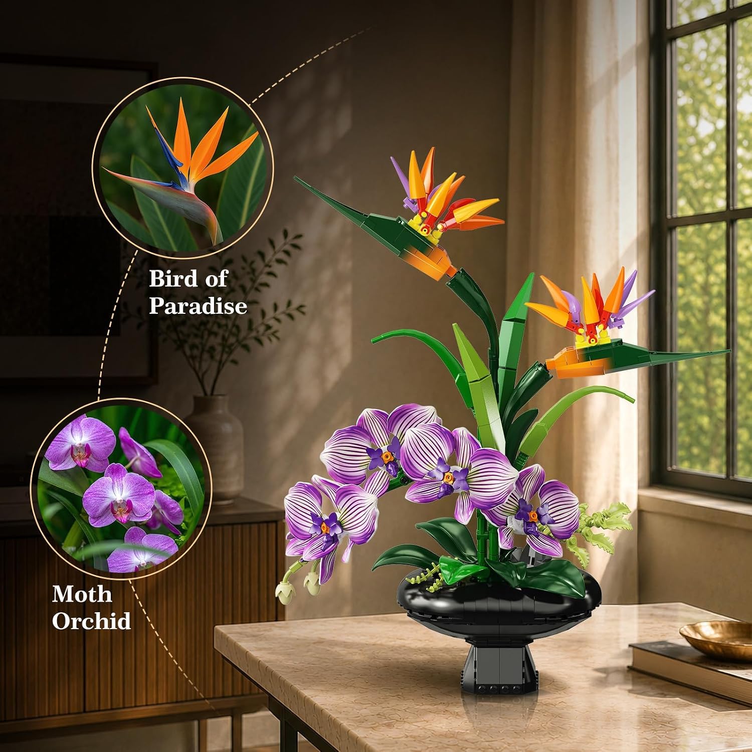 Orchidee Blumen Bauset, Botanische Kollektion mit Strelitzie & Orchidee im Blumentopf
