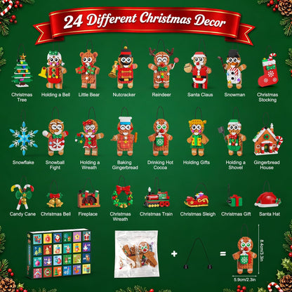 Adventskalender 2026 Lebkuchen-Weihnachtsanhänger Bauset,24-Tage-Countdown Mini-Klemmbaustein-Set mit Santa, Weihnachtsbaum Hängende Deko