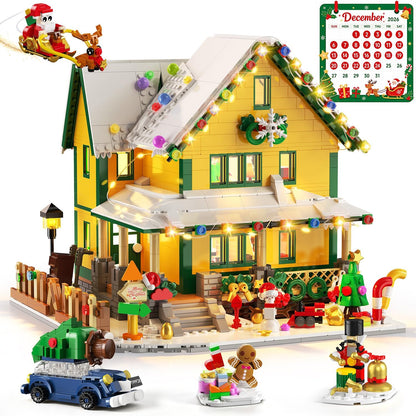 Adventskalender 2026 Weihnachtshaus Mini Bauspielzeug Set mit Licht, 24 Tage Weihnachts Countdown Winterdorf Bausteine mit Weihnachtsmann Weihnachtsbaum