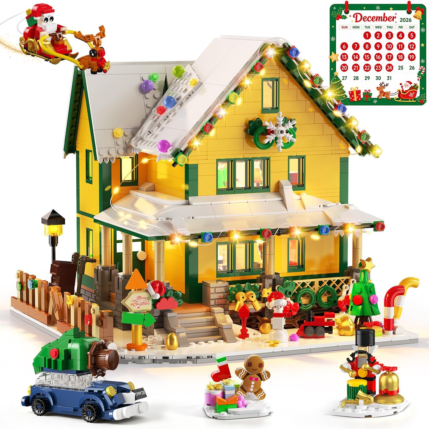 Adventskalender 2026 Weihnachtshaus Mini Bauspielzeug Set mit Licht, 24 Tage Weihnachts Countdown Winterdorf Bausteine mit Weihnachtsmann Weihnachtsbaum