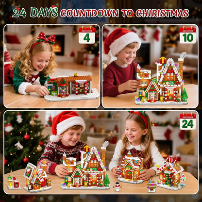 Adventskalender 2026 Lebkuchenhaus Mini-Klemmbaustein-Set mit Licht, 24 Tage Weihnachten Countdown Geschenkefabrik Bausteine Set mit Weihnachtsbaum