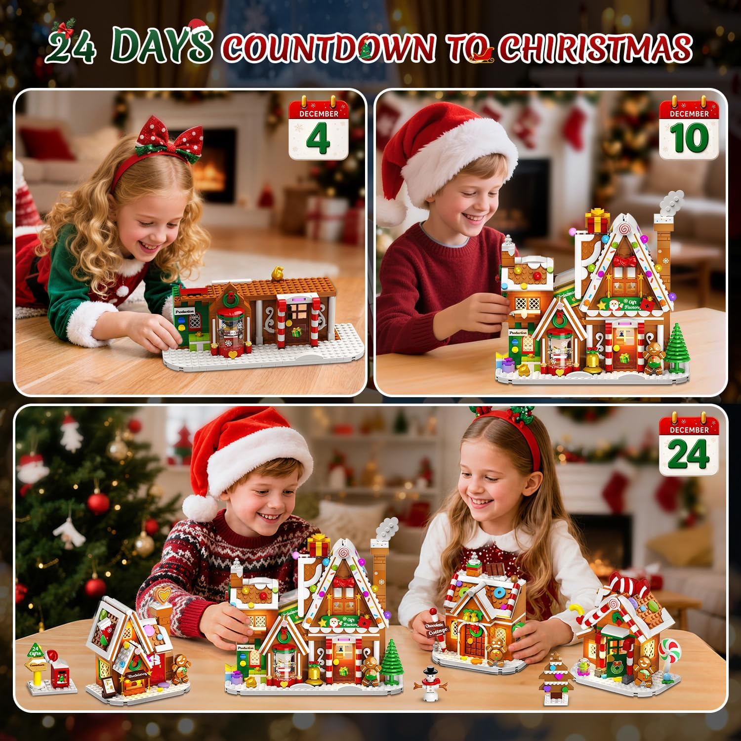Adventskalender 2026 Lebkuchenhaus Mini-Klemmbaustein-Set mit Licht, 24 Tage Weihnachten Countdown Geschenkefabrik Bausteine Set mit Weihnachtsbaum