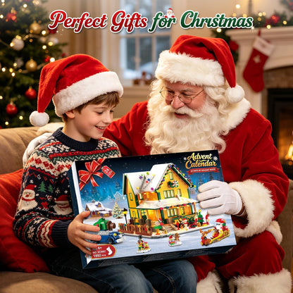 Adventskalender 2026 Weihnachtshaus Mini Bauspielzeug Set mit Licht, 24 Tage Weihnachts Countdown Winterdorf Bausteine mit Weihnachtsmann Weihnachtsbaum