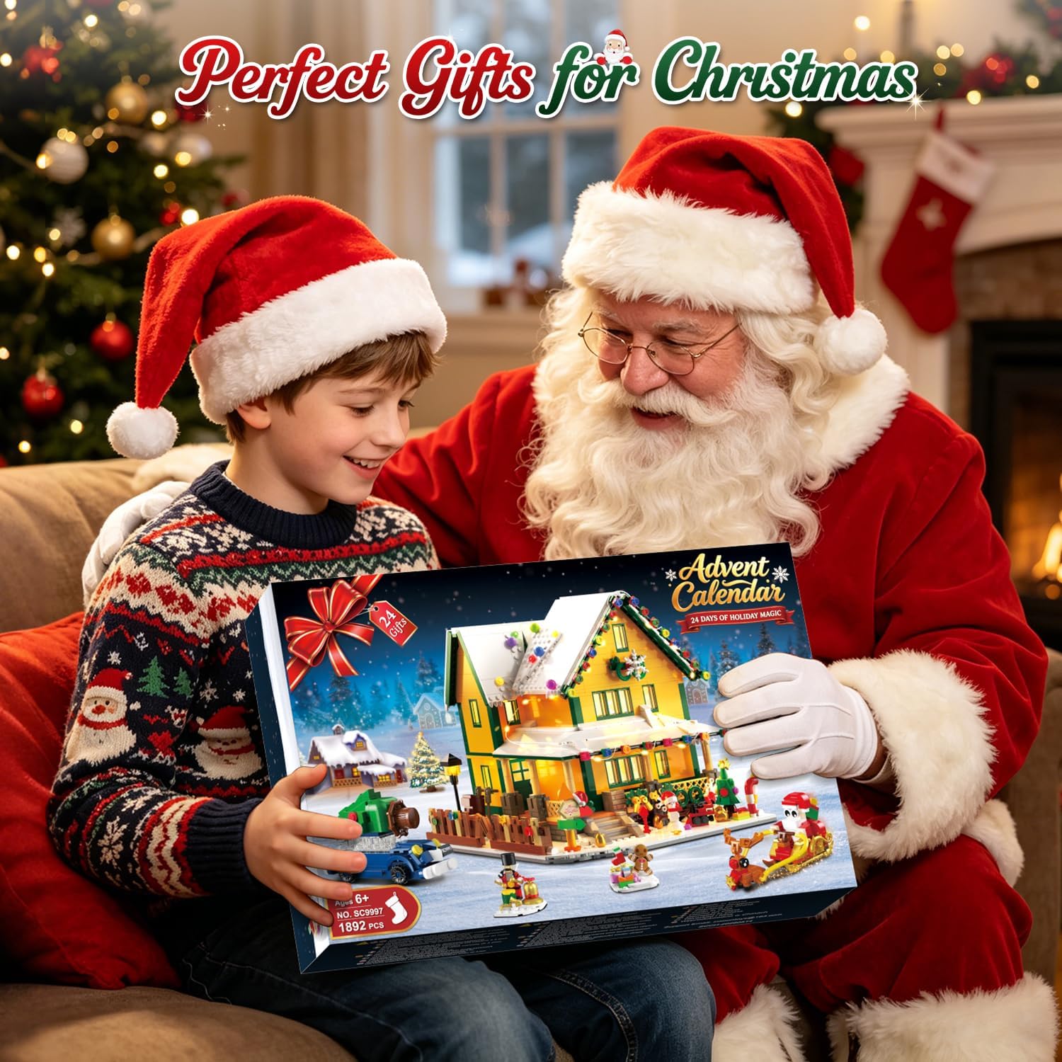 Adventskalender 2026 Weihnachtshaus Mini Bauspielzeug Set mit Licht, 24 Tage Weihnachts Countdown Winterdorf Bausteine mit Weihnachtsmann Weihnachtsbaum