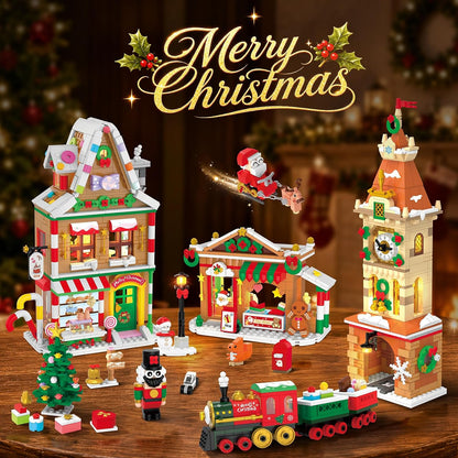 2026 Adventskalender Weihnachtsstadt Mini Bauspielzeug mit Licht, 24 Tage Weihnachts-Countdown mit Weihnachtsmann Schlitten Weihnachtsbaum
