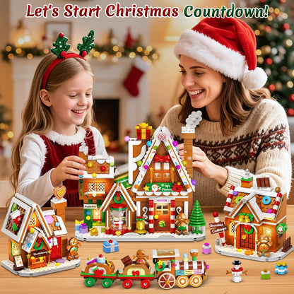 Adventskalender 2026 Lebkuchenhaus Mini-Klemmbaustein-Set mit Licht, 24 Tage Weihnachten Countdown Geschenkefabrik Bausteine Set mit Weihnachtsbaum