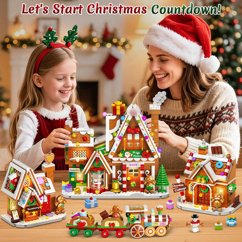 Adventskalender 2026 Lebkuchenhaus Mini-Klemmbaustein-Set mit Licht, 24 Tage Weihnachten Countdown Geschenkefabrik Bausteine Set mit Weihnachtsbaum