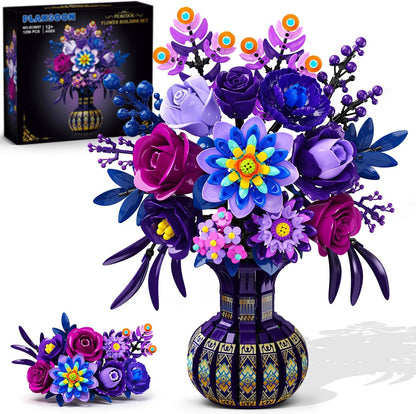 Pfauenblumenstrauß Klemmbaustein-Set, Lila Blumen Bauset mit Vase, Elegante Botanische Dekoration für Zuhause (1223 Teile)