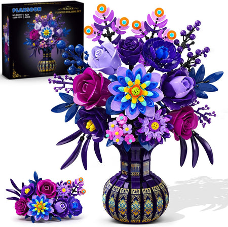 Pfauenblumenstrauß Klemmbaustein-Set, Lila Blumen Bauset mit Vase, Elegante Botanische Dekoration für Zuhause (1223 Teile)