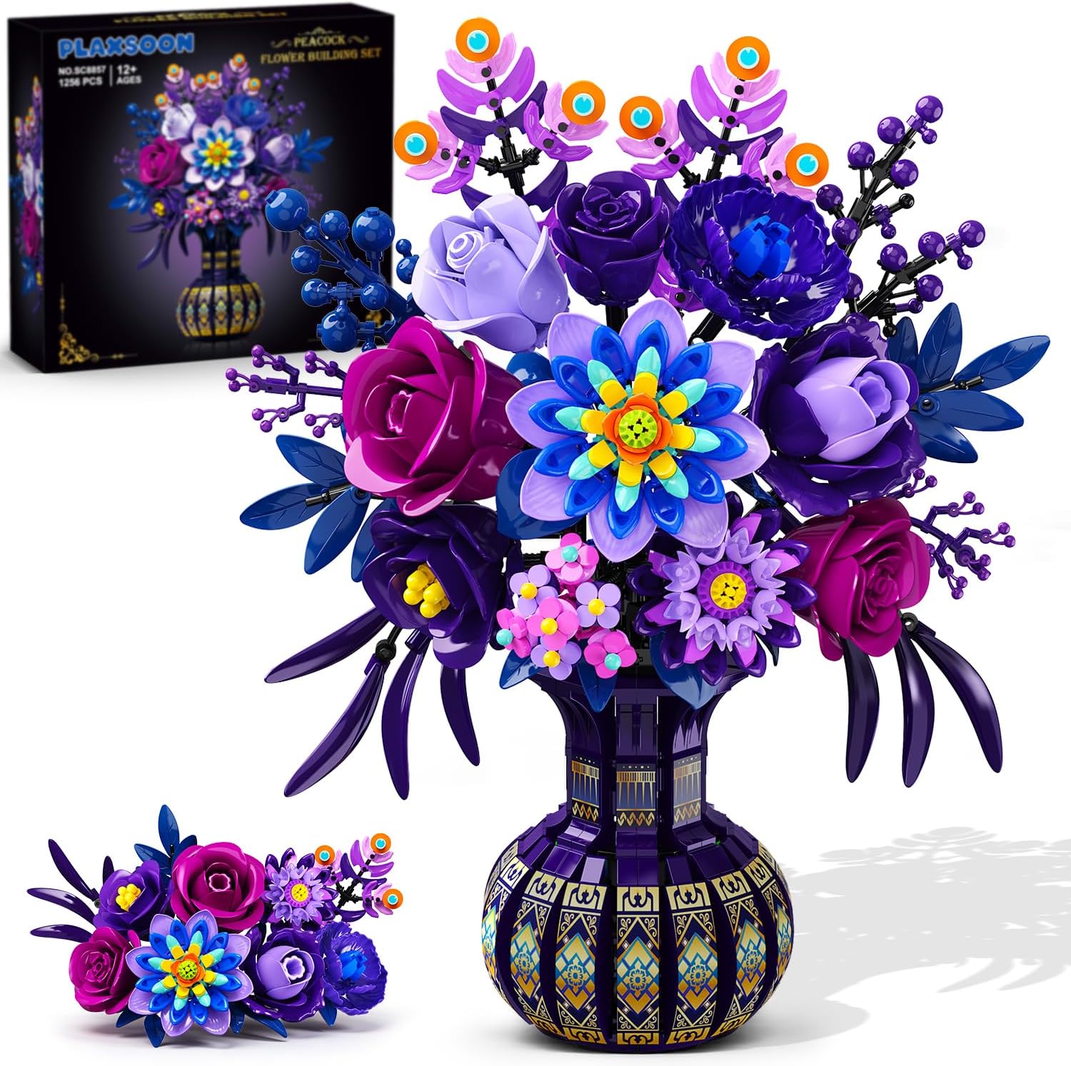 Pfauenblumenstrauß Klemmbaustein-Set, Lila Blumen Bauset mit Vase, Elegante Botanische Dekoration für Zuhause (1223 Teile)