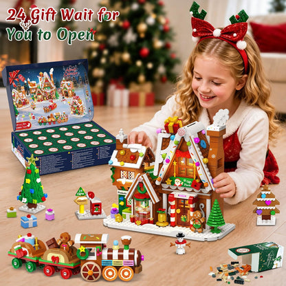 Adventskalender 2026 Lebkuchenhaus Mini-Klemmbaustein-Set mit Licht, 24 Tage Weihnachten Countdown Geschenkefabrik Bausteine Set mit Weihnachtsbaum