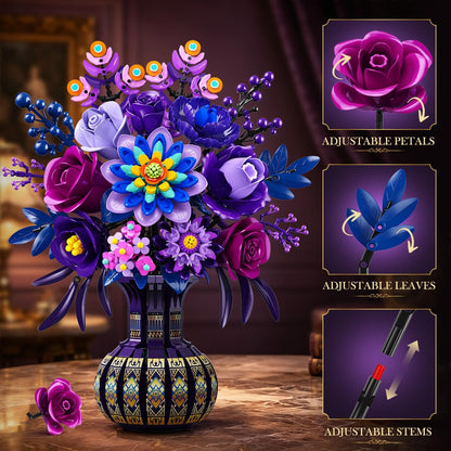 Pfauenblumenstrauß Klemmbaustein-Set, Lila Blumen Bauset mit Vase, Elegante Botanische Dekoration für Zuhause (1223 Teile)