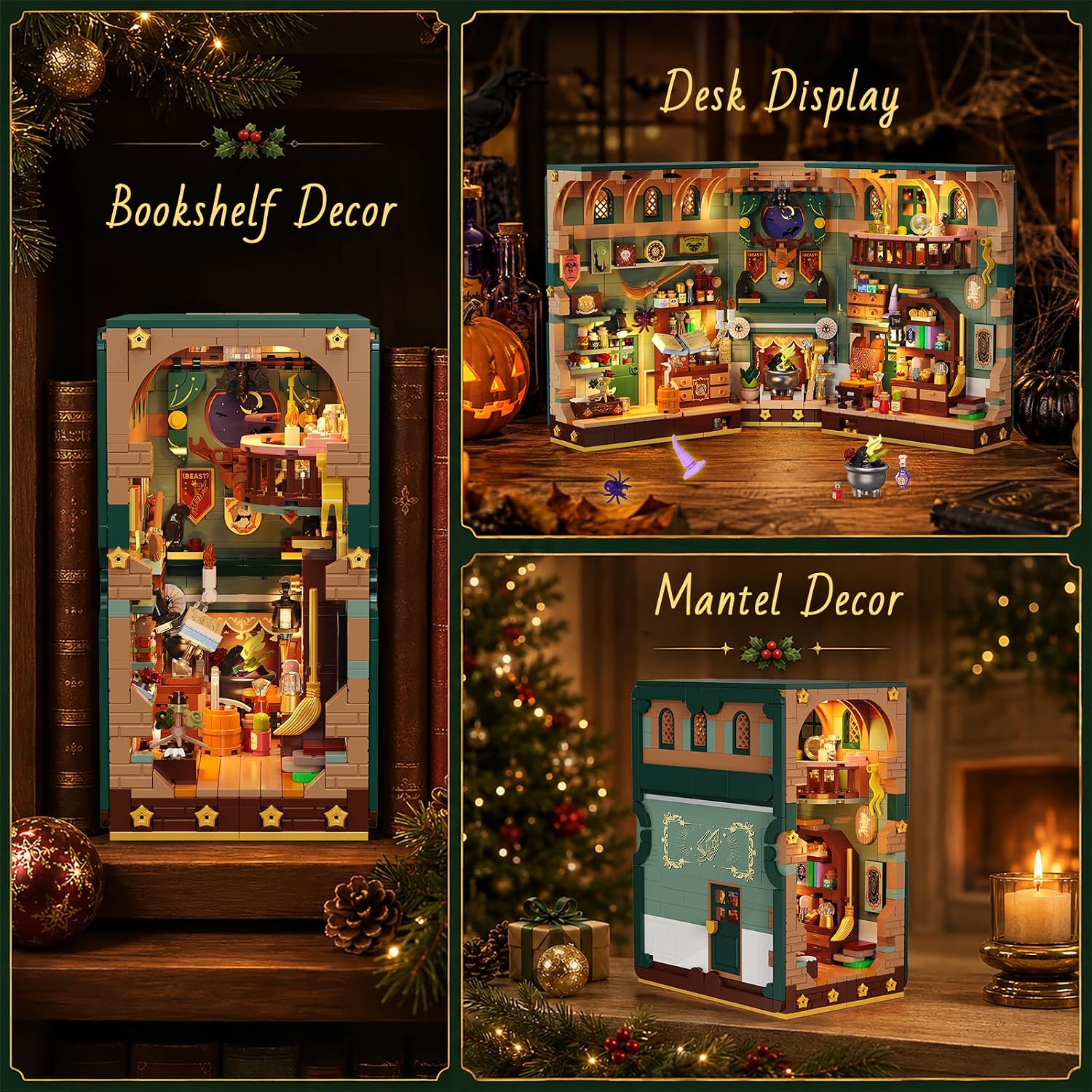 Adventskalender 2026 Weihnachtshaus Magic Book Nook Bauset mit Licht, 24 Tage Weihnachts-Countdown Bookend Klemmbausteine für Deko