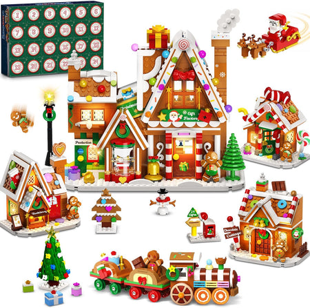 Adventskalender 2026 Lebkuchenhaus Mini-Klemmbaustein-Set mit Licht, 24 Tage Weihnachten Countdown Geschenkefabrik Bausteine Set mit Weihnachtsbaum