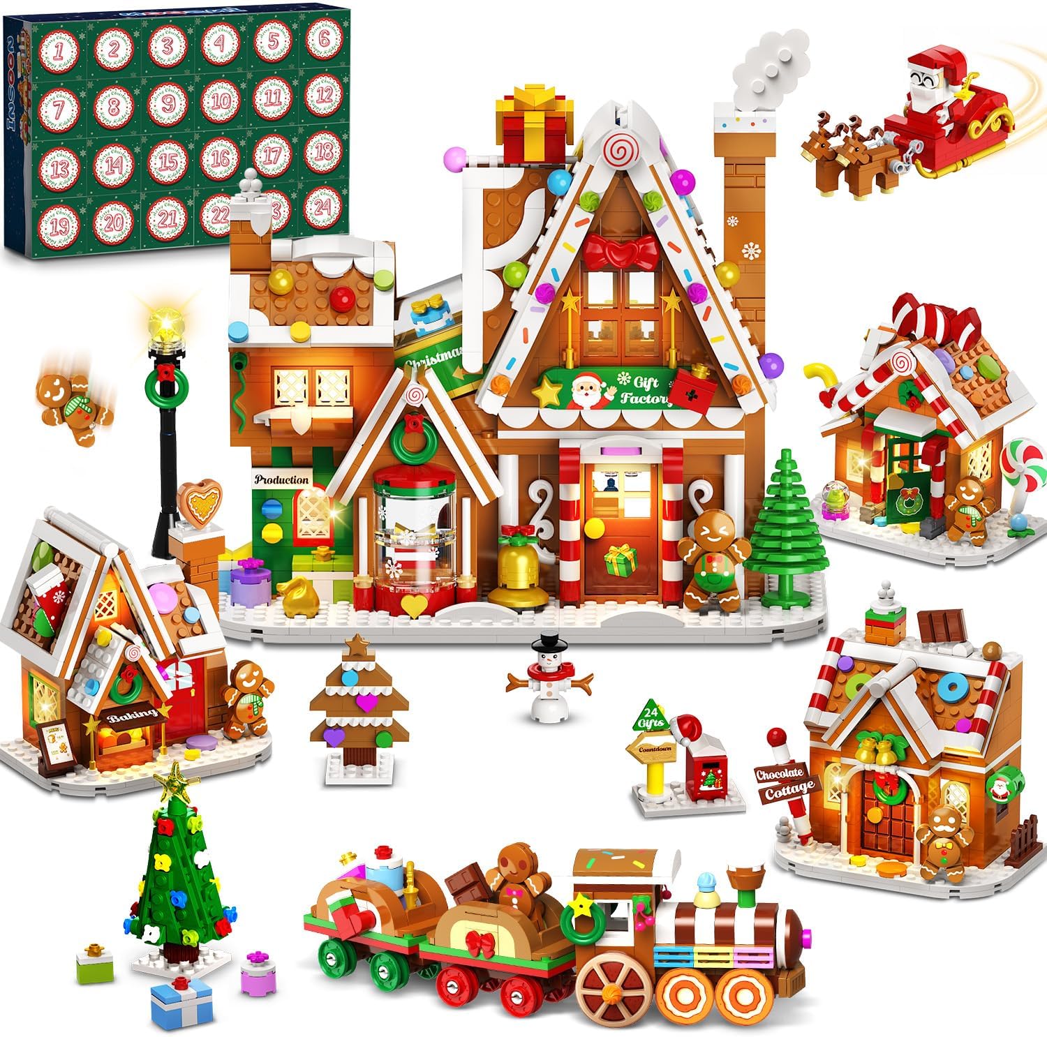 Adventskalender 2026 Lebkuchenhaus Mini-Klemmbaustein-Set mit Licht, 24 Tage Weihnachten Countdown Geschenkefabrik Bausteine Set mit Weihnachtsbaum