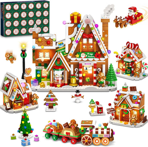 Adventskalender 2026 Lebkuchenhaus Mini-Klemmbaustein-Set mit Licht, 24 Tage Weihnachten Countdown Geschenkefabrik Bausteine Set mit Weihnachtsbaum