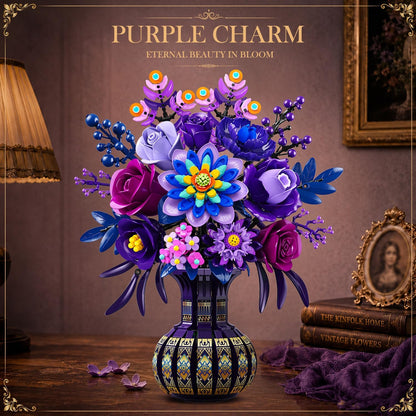 Pfauenblumenstrauß Klemmbaustein-Set, Lila Blumen Bauset mit Vase, Elegante Botanische Dekoration für Zuhause (1223 Teile)