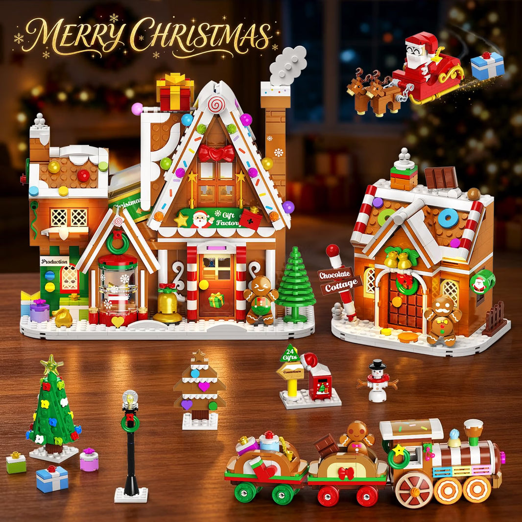 Weihnachten Lebkuchenhaus Geschenkefabrik Mini Bauset mit Licht, 2026 Weihnachts Klemmbausteine Set mit Weihnachtsbaum