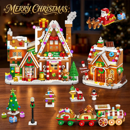 Weihnachten Lebkuchenhaus Geschenkefabrik Mini Bauset mit Licht, 2026 Weihnachts Klemmbausteine Set mit Weihnachtsbaum