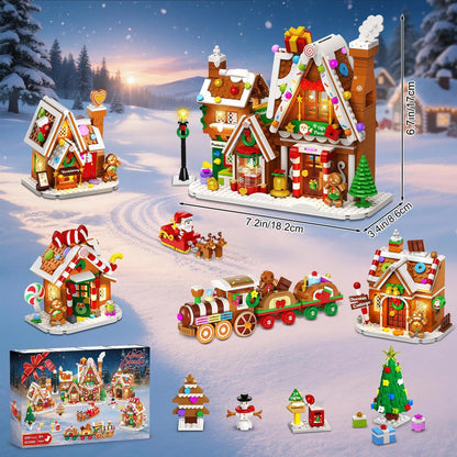 Adventskalender 2026 Lebkuchenhaus Mini-Klemmbaustein-Set mit Licht, 24 Tage Weihnachten Countdown Geschenkefabrik Bausteine Set mit Weihnachtsbaum