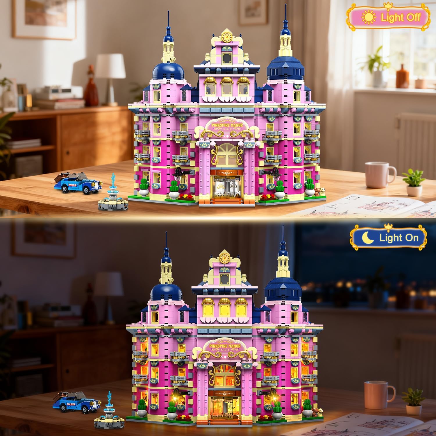Rosa Anwesen-Haus Bauset mit Beleuchtung