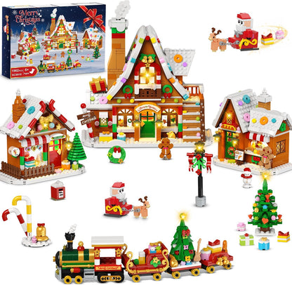 Lebkuchenhaus Weihnachtsdorf Mini-Klemmbaustein-Set mit Lichtern, Weihnachts-Bausteinset mit Baum Zug Weihnachtsmann(1962 Teile)